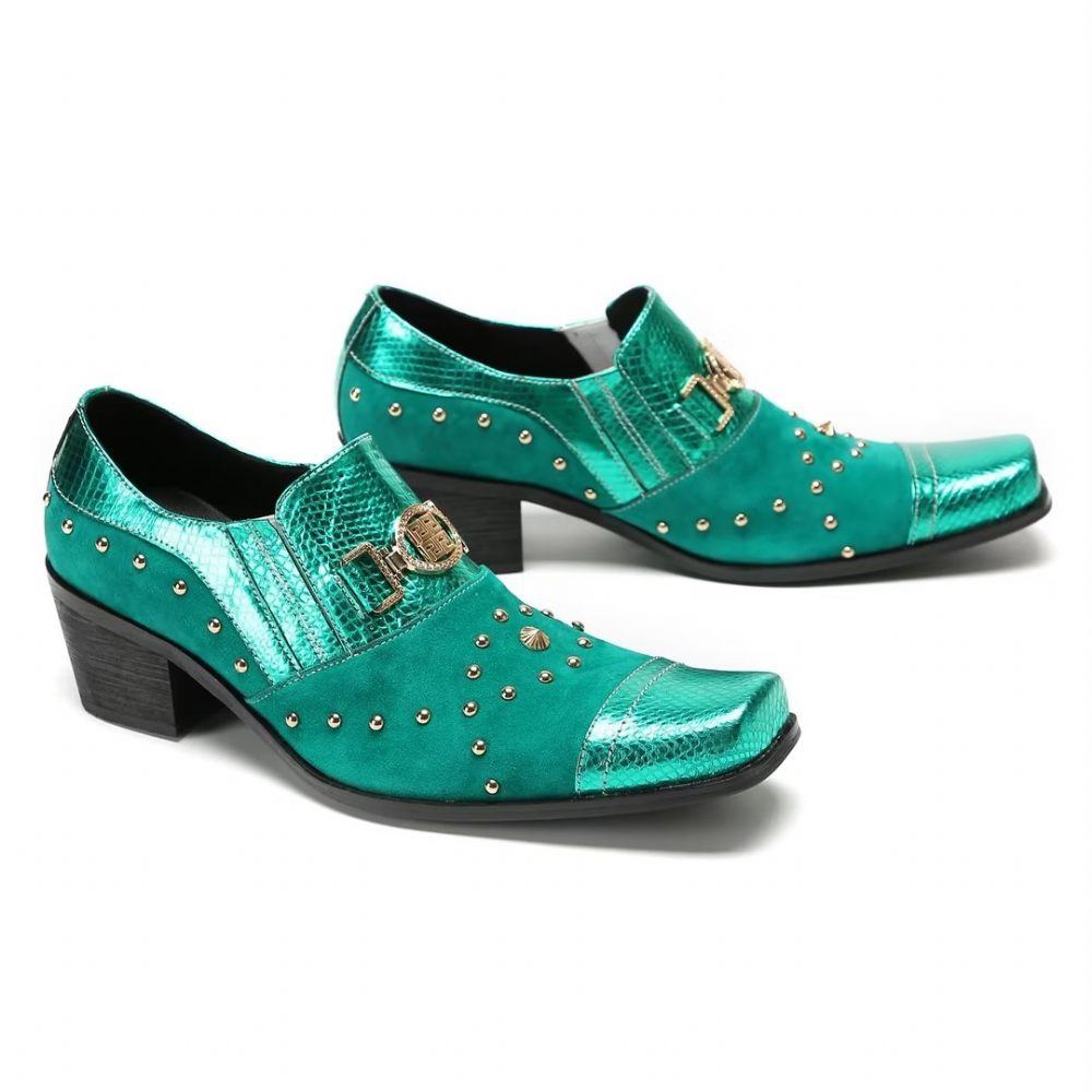 Chaussures Formelles Pour Hommes Pantoufles Sophistiquées À Bout Carré Avec Accents Métalliques - Vert