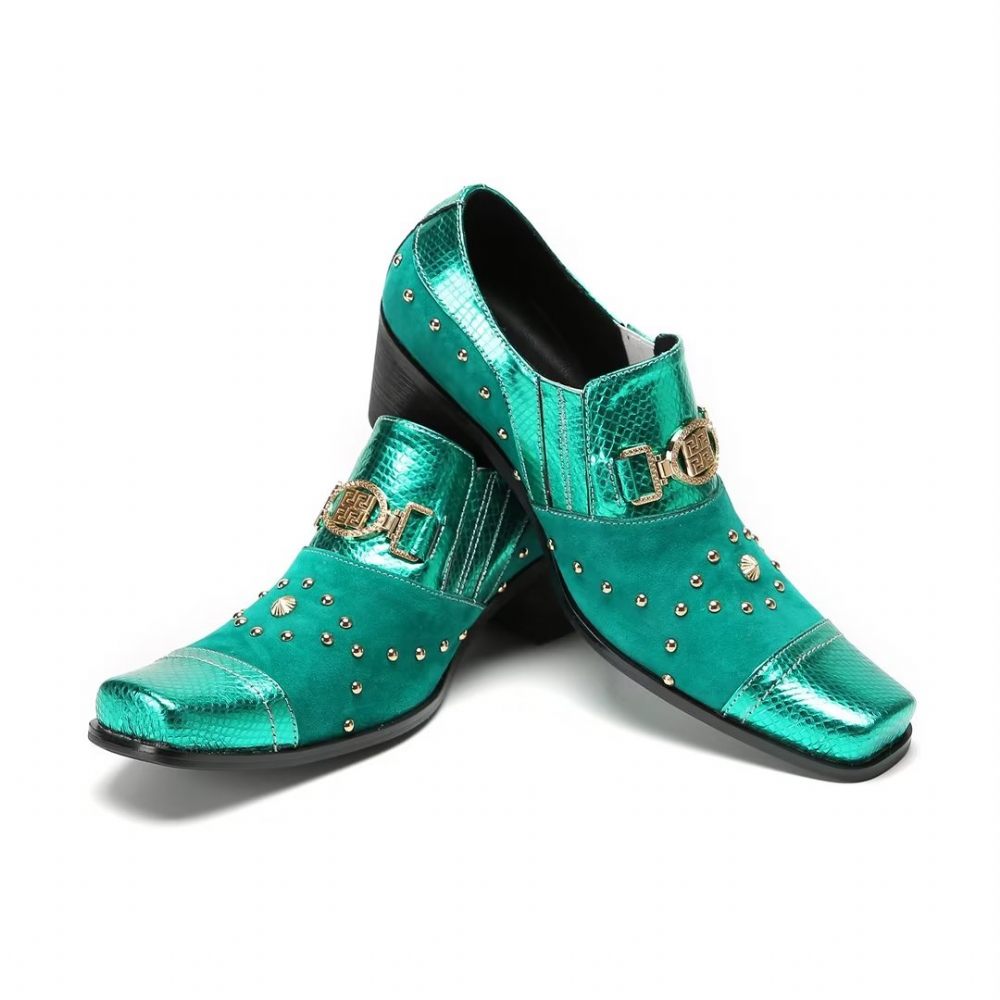 Chaussures Formelles Pour Hommes Pantoufles Sophistiquées À Bout Carré Avec Accents Métalliques - Vert