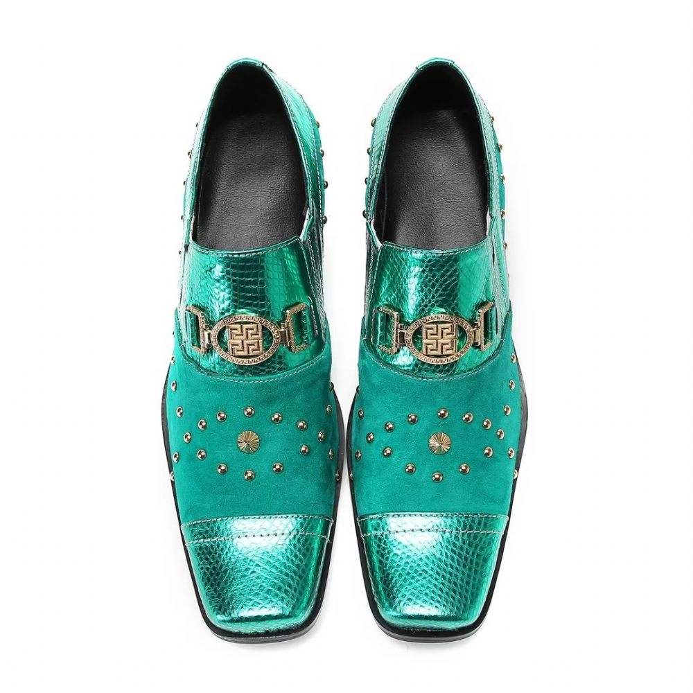 Chaussures Formelles Pour Hommes Pantoufles Sophistiquées À Bout Carré Avec Accents Métalliques - Vert