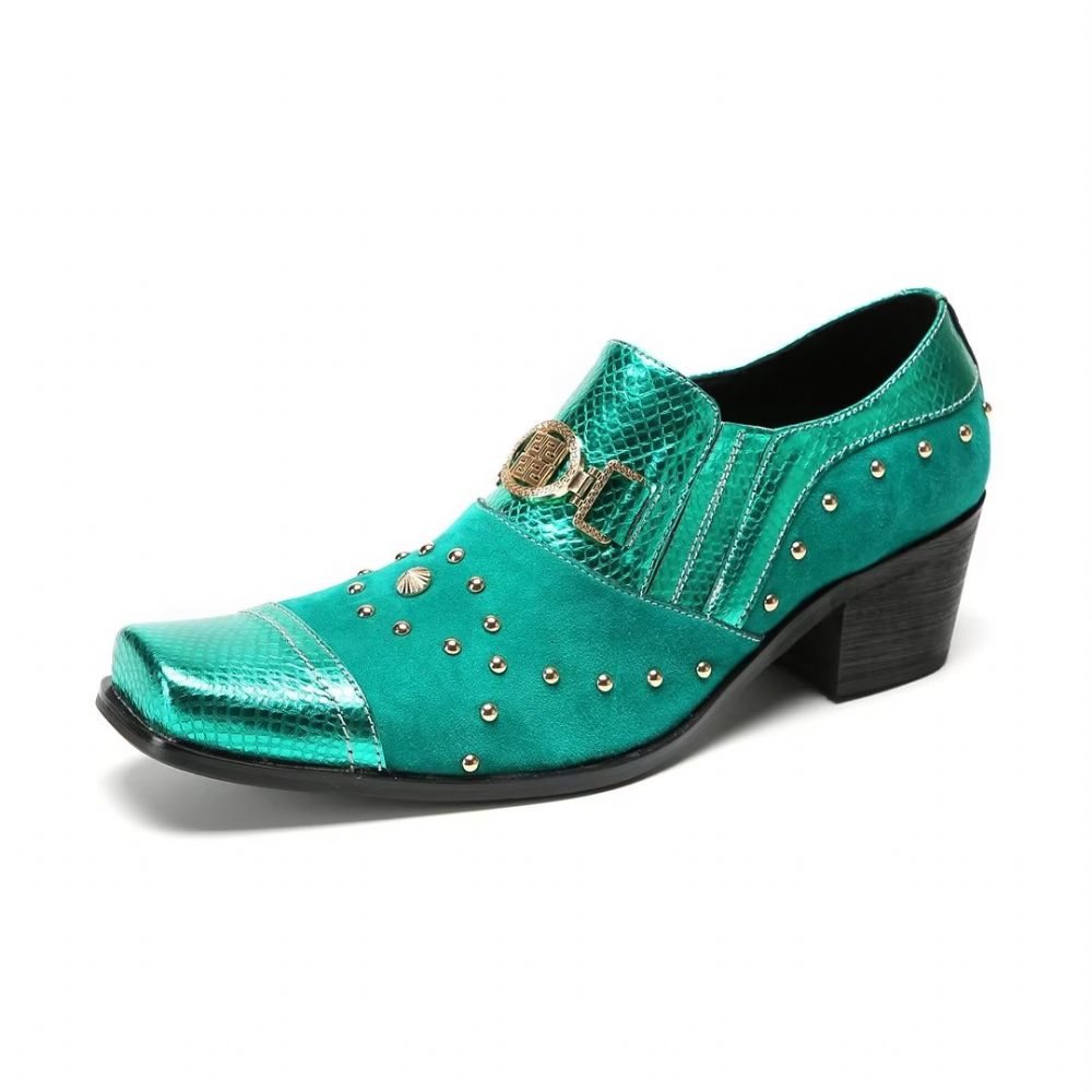 Chaussures Formelles Pour Hommes Pantoufles Sophistiquées À Bout Carré Avec Accents Métalliques - Vert