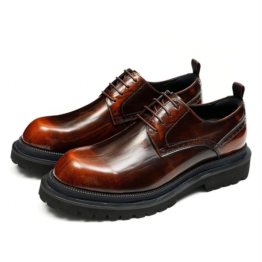 Chaussures Formelles Pour Hommes Peau Vache Élégance À Lacets Habillées Luxe - Marron