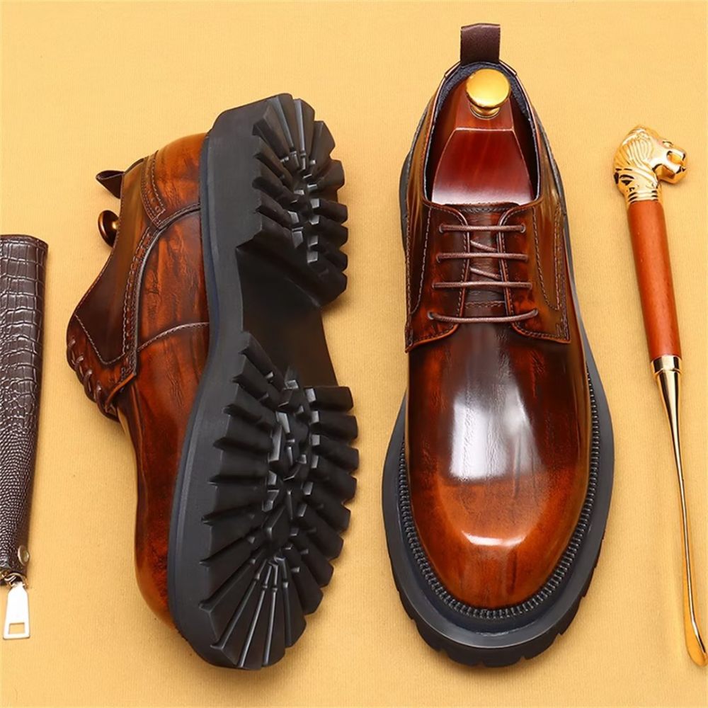 Chaussures Formelles Pour Hommes Peau Vache Élégance À Lacets Habillées Luxe - Marron