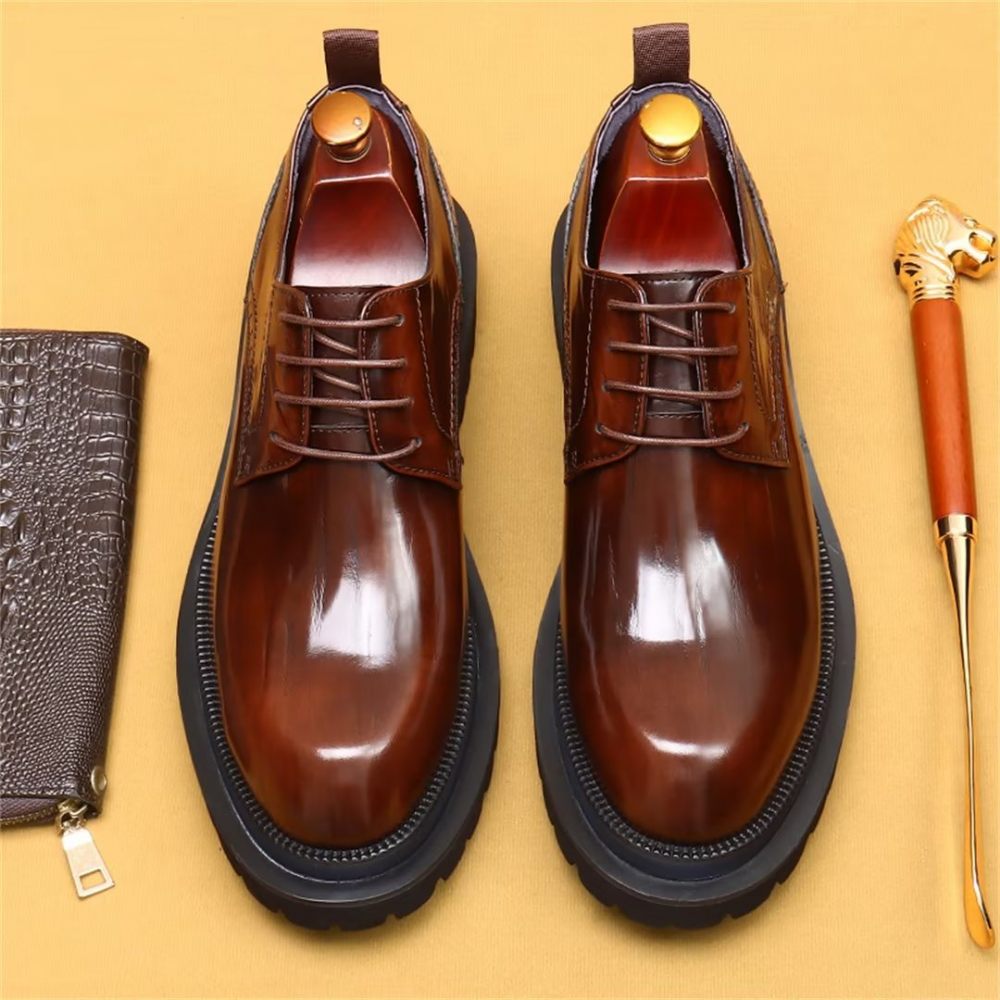 Chaussures Formelles Pour Hommes Peau Vache Élégance À Lacets Habillées Luxe - Marron