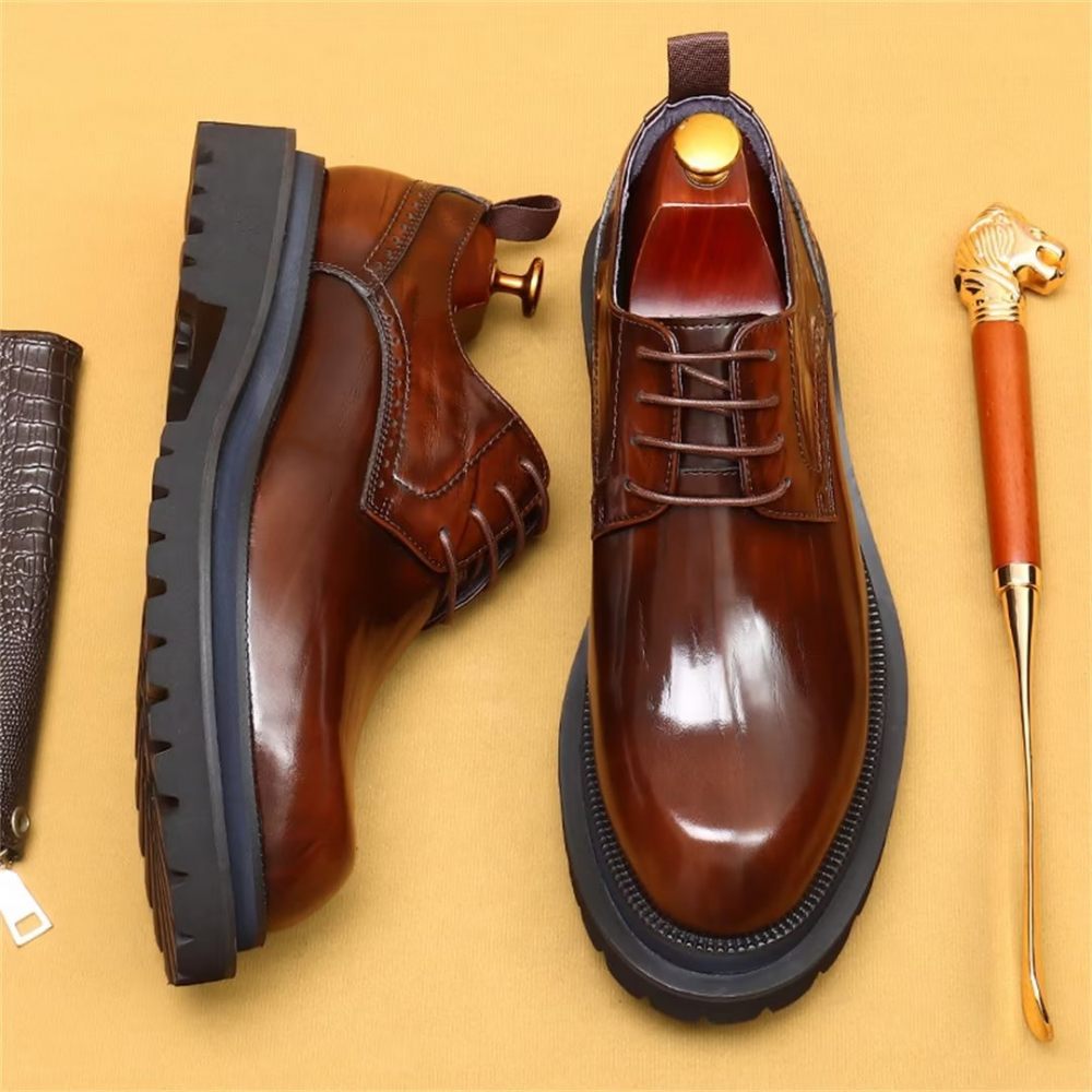 Chaussures Formelles Pour Hommes Peau Vache Élégance À Lacets Habillées Luxe - Marron