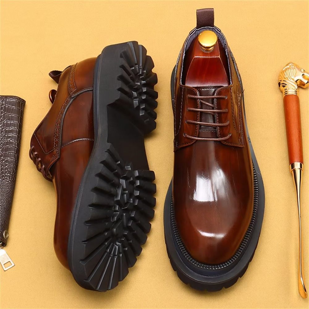 Chaussures Formelles Pour Hommes Peau Vache Élégance À Lacets Habillées Luxe - Marron