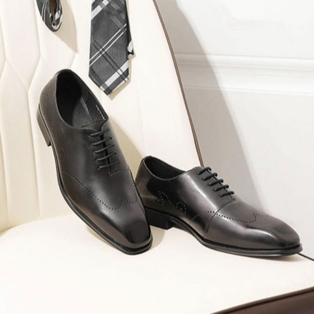 Chaussures Formelles Pour Hommes Richelieu Cuir Véritable À Bout Pointu - Noir