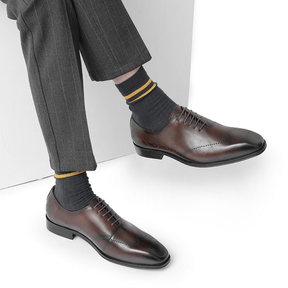 Chaussures Formelles Pour Hommes Richelieu Cuir Véritable À Bout Pointu - Café