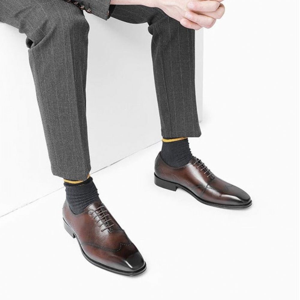 Chaussures Formelles Pour Hommes Richelieu Cuir Véritable À Bout Pointu - Café