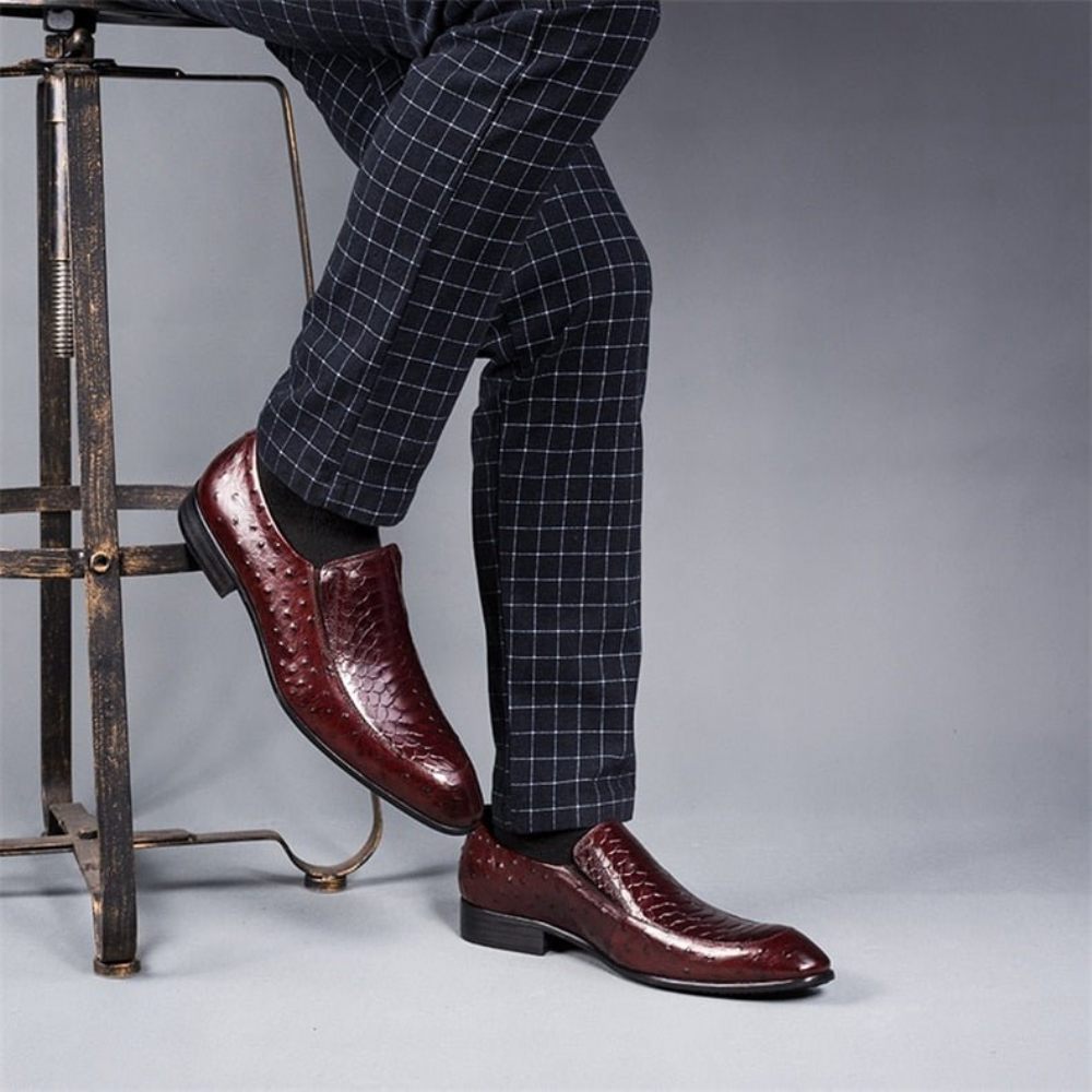 Chaussures Formelles Pour Hommes Richelieus Oxford À Enfiler Cuir Texture Croco - Rouge