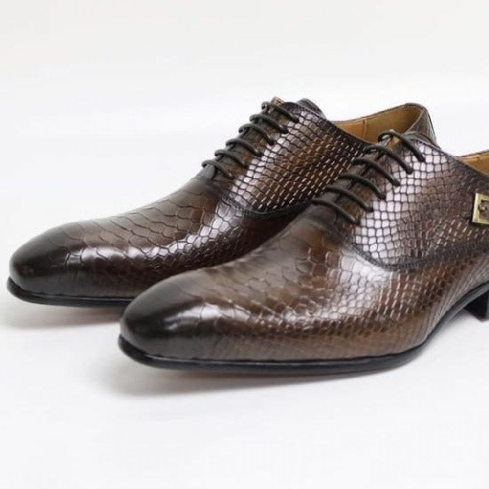 Chaussures Formelles Pour Hommes Serpent Exotique Habillées Oxford À Bout Pointu - Café