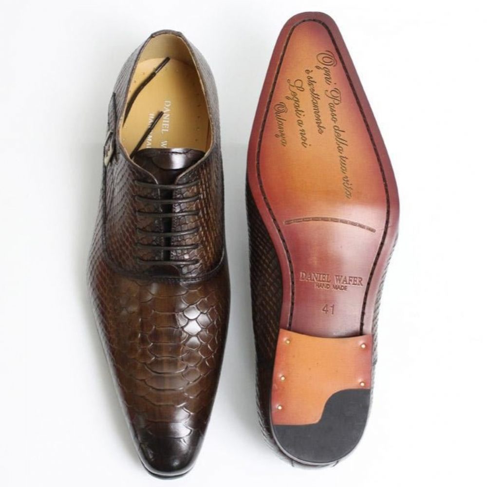 Chaussures Formelles Pour Hommes Serpent Exotique Habillées Oxford À Bout Pointu - Café