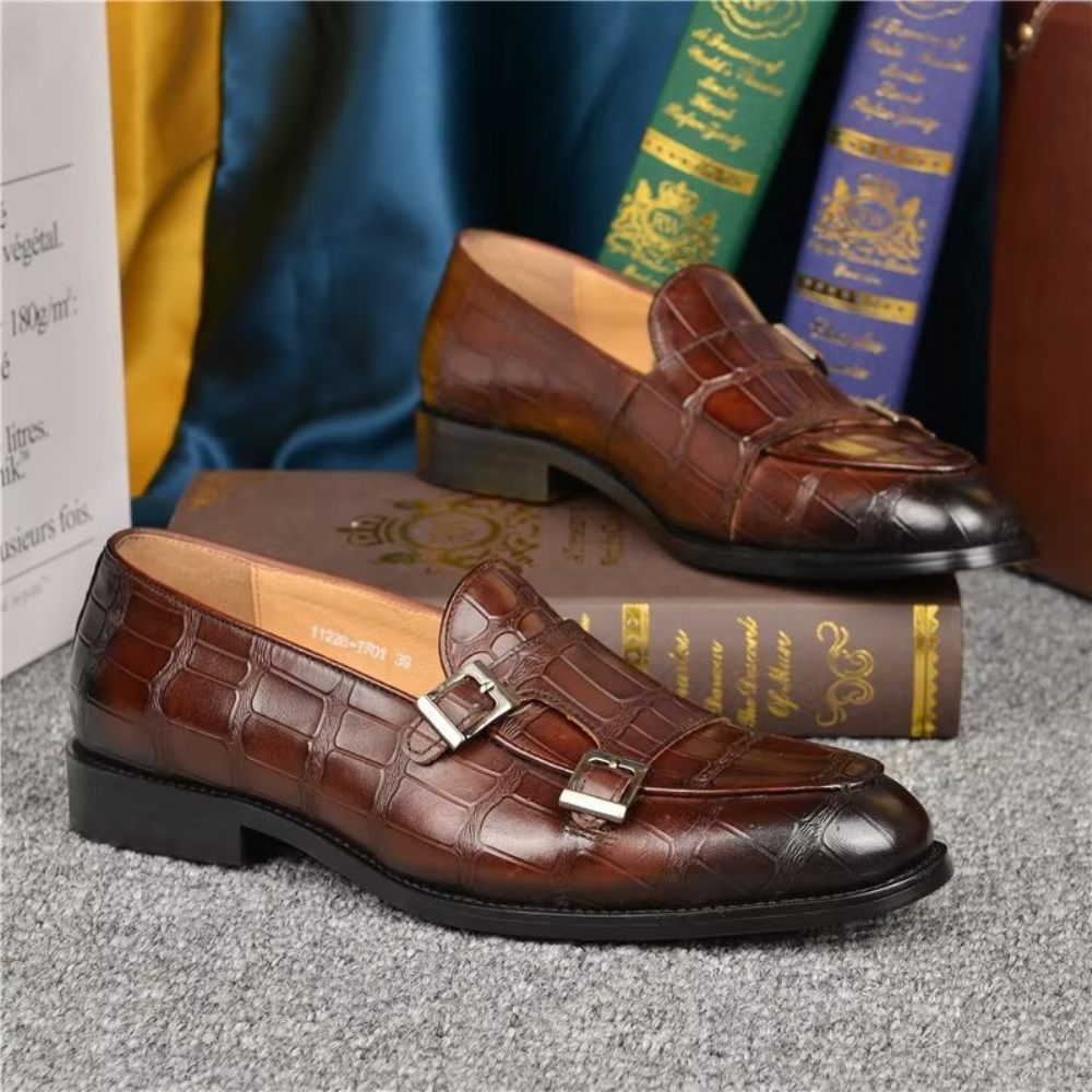 Chaussures Formelles Pour Hommes Texture Exotique Habillées À Lanières Moine - Café