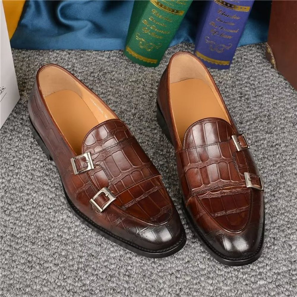 Chaussures Formelles Pour Hommes Texture Exotique Habillées À Lanières Moine - Café