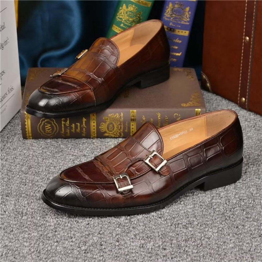 Chaussures Formelles Pour Hommes Texture Exotique Habillées À Lanières Moine - Café