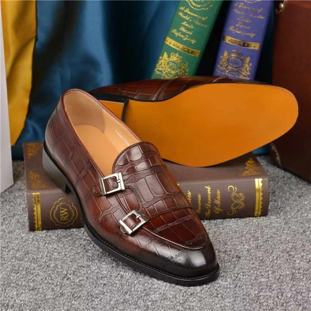 Chaussures Formelles Pour Hommes Texture Exotique Habillées À Lanières Moine - Café