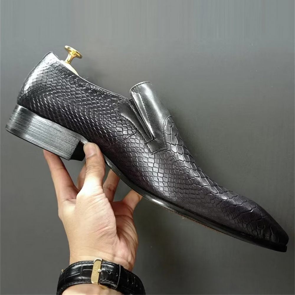 Chaussures Formelles Pour Hommes Véritable Motif Crocodile À Enfiler Sophistiquées - Noir