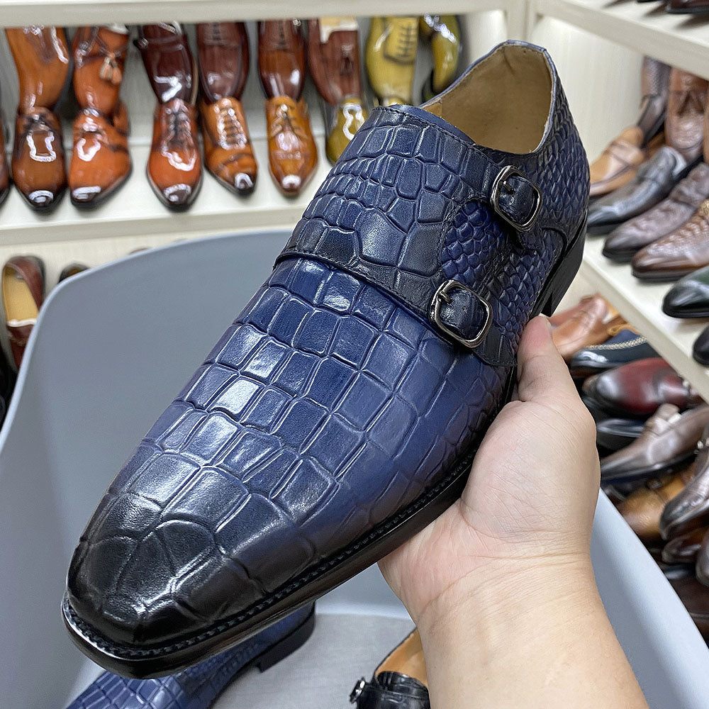 Chaussures Formelles Luxe Crocstride Pour Hommes Habillées À Bout Carré Et Sangle Moine - Bleu