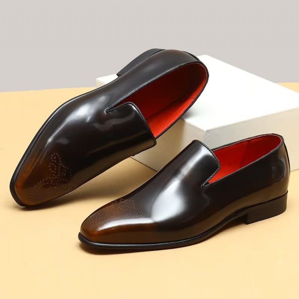 Chaussures Formelles Luxe Pour Hommes Habillées À Enfiler Cuir Véritable - Café