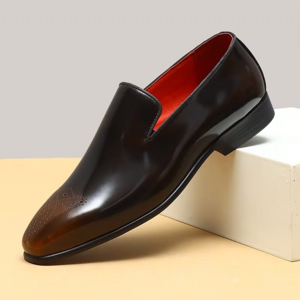 Chaussures Formelles Luxe Pour Hommes Habillées À Enfiler Cuir Véritable - Café