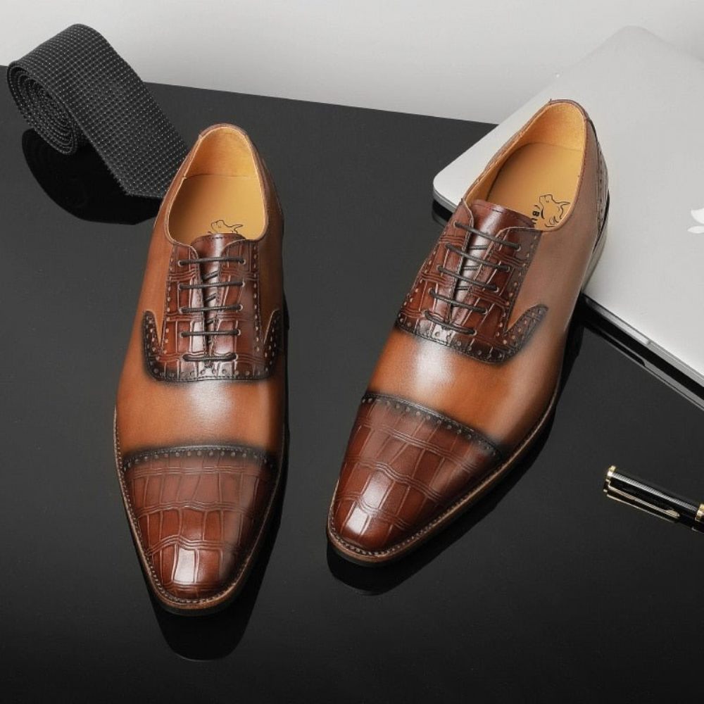 Chaussures Habillées Cuir À Bout Pointu Pour Hommes Motif D'alligator - Marron