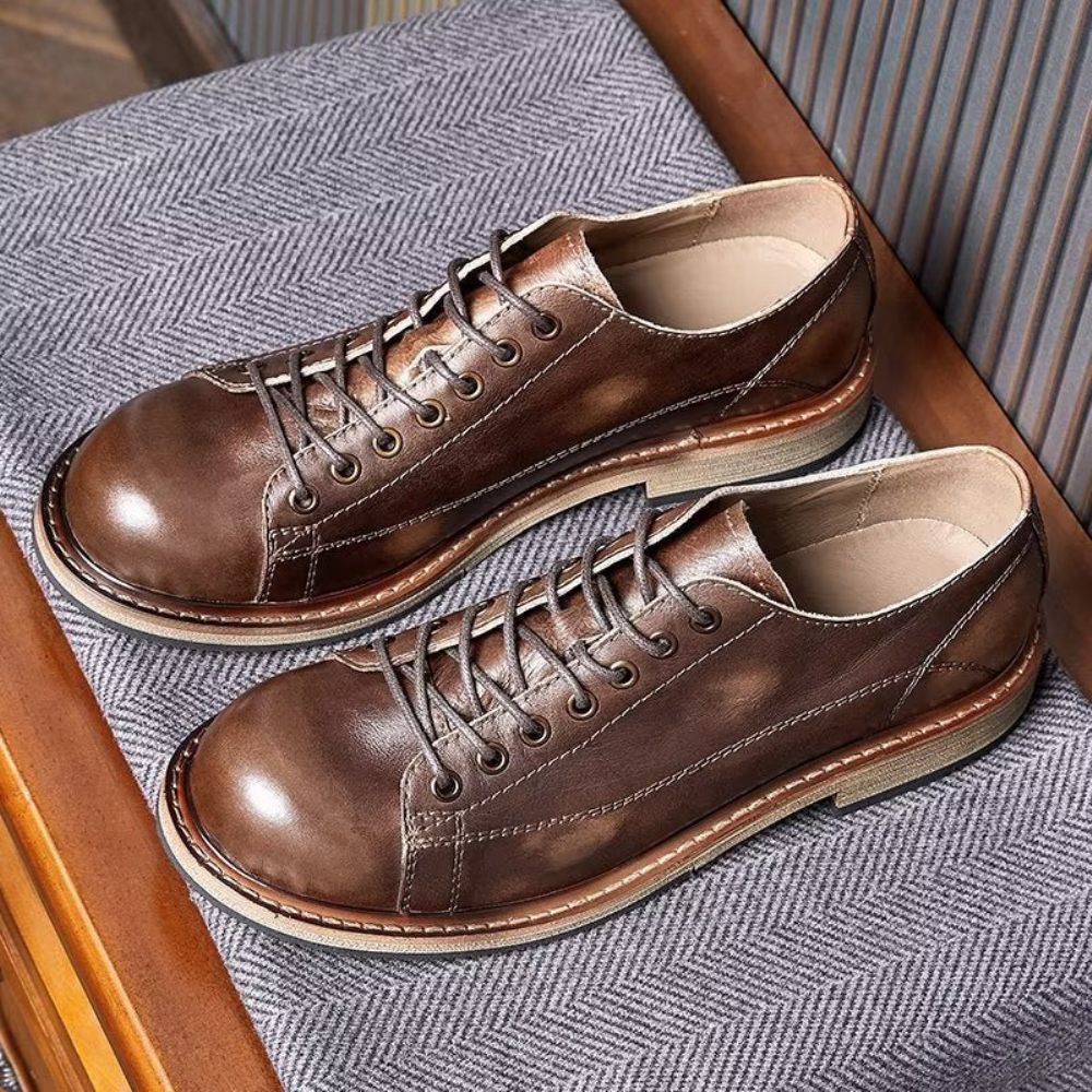 Chaussures Habillées À Lacets Cuir Bout Rond Pour Hommes - Café