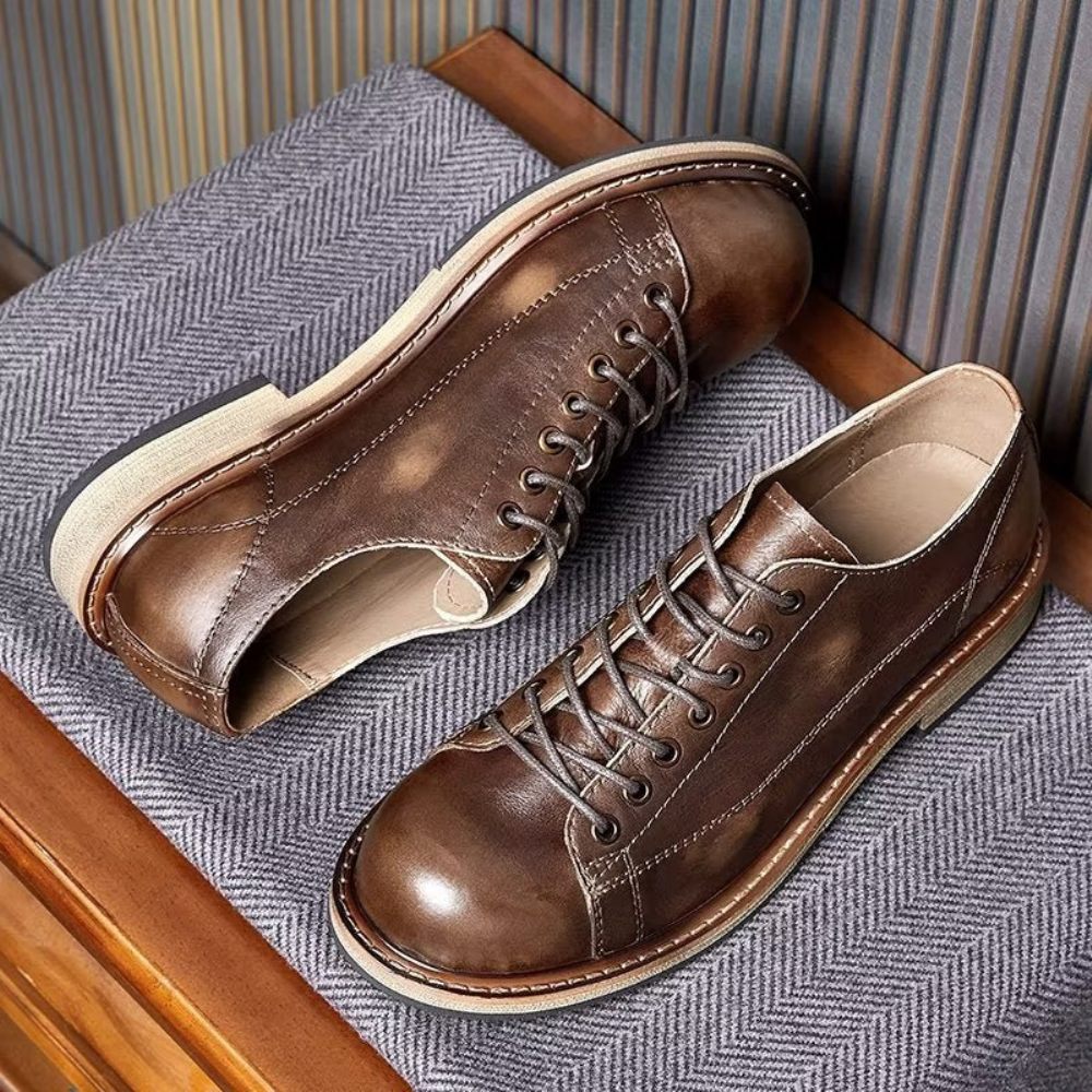 Chaussures Habillées À Lacets Cuir Bout Rond Pour Hommes - Café