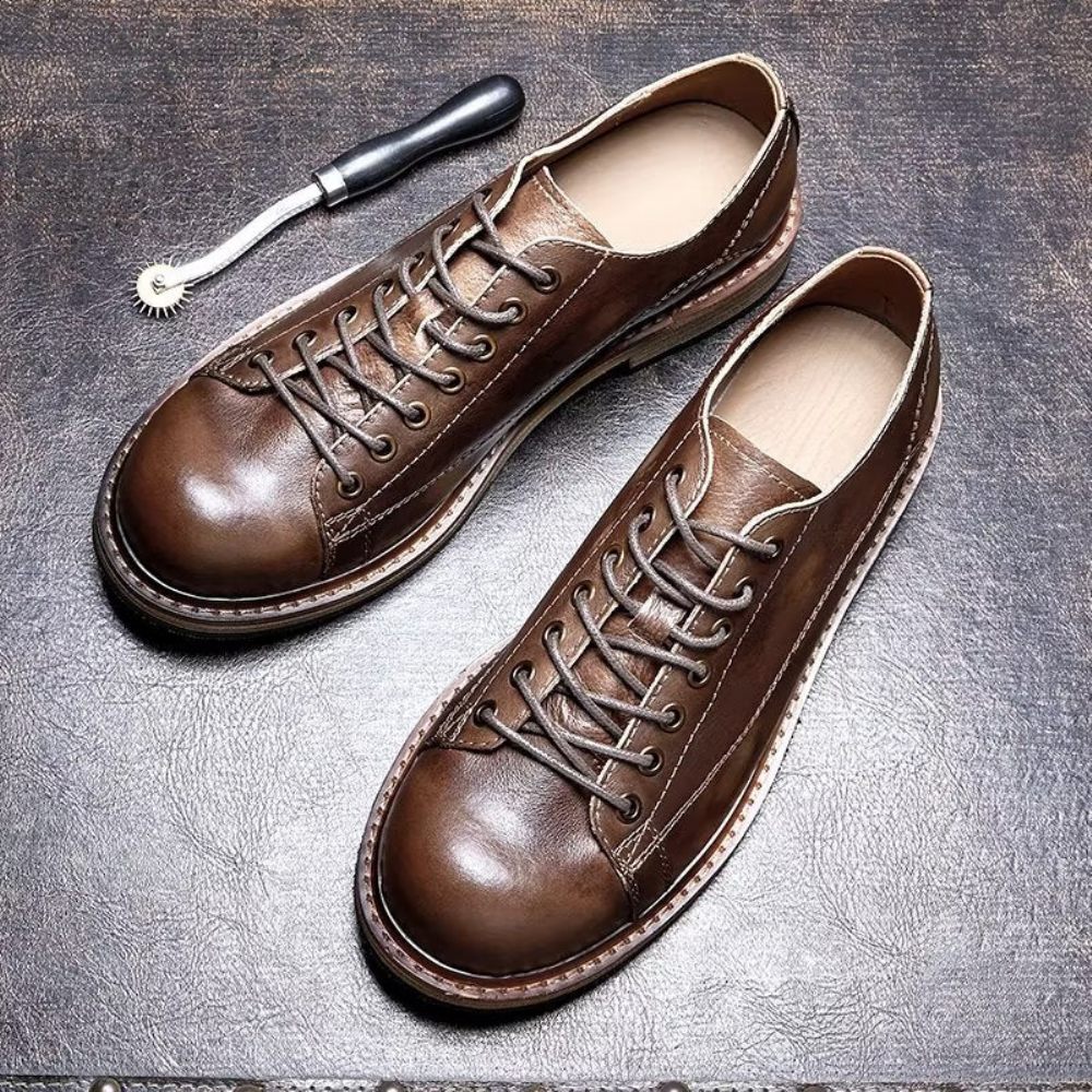 Chaussures Habillées À Lacets Cuir Bout Rond Pour Hommes - Café