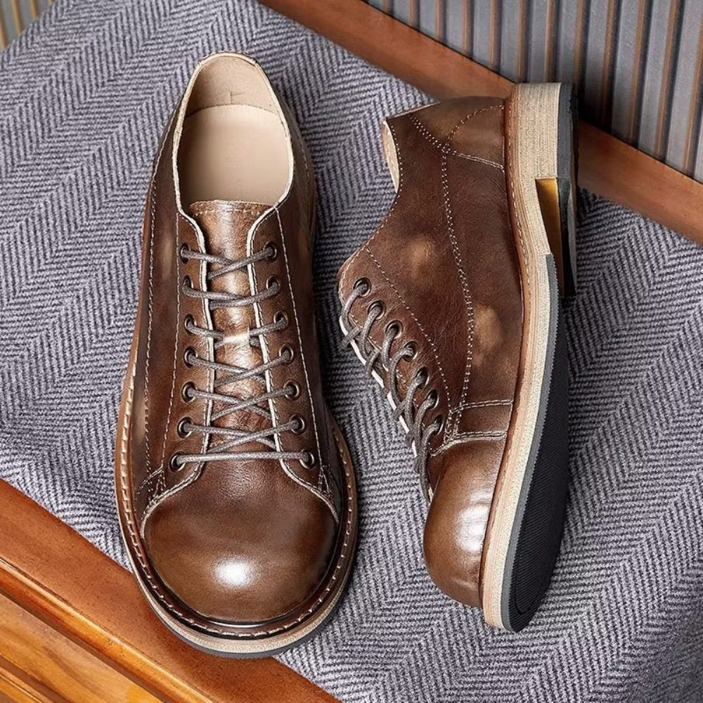 Chaussures Habillées À Lacets Cuir Bout Rond Pour Hommes - Café