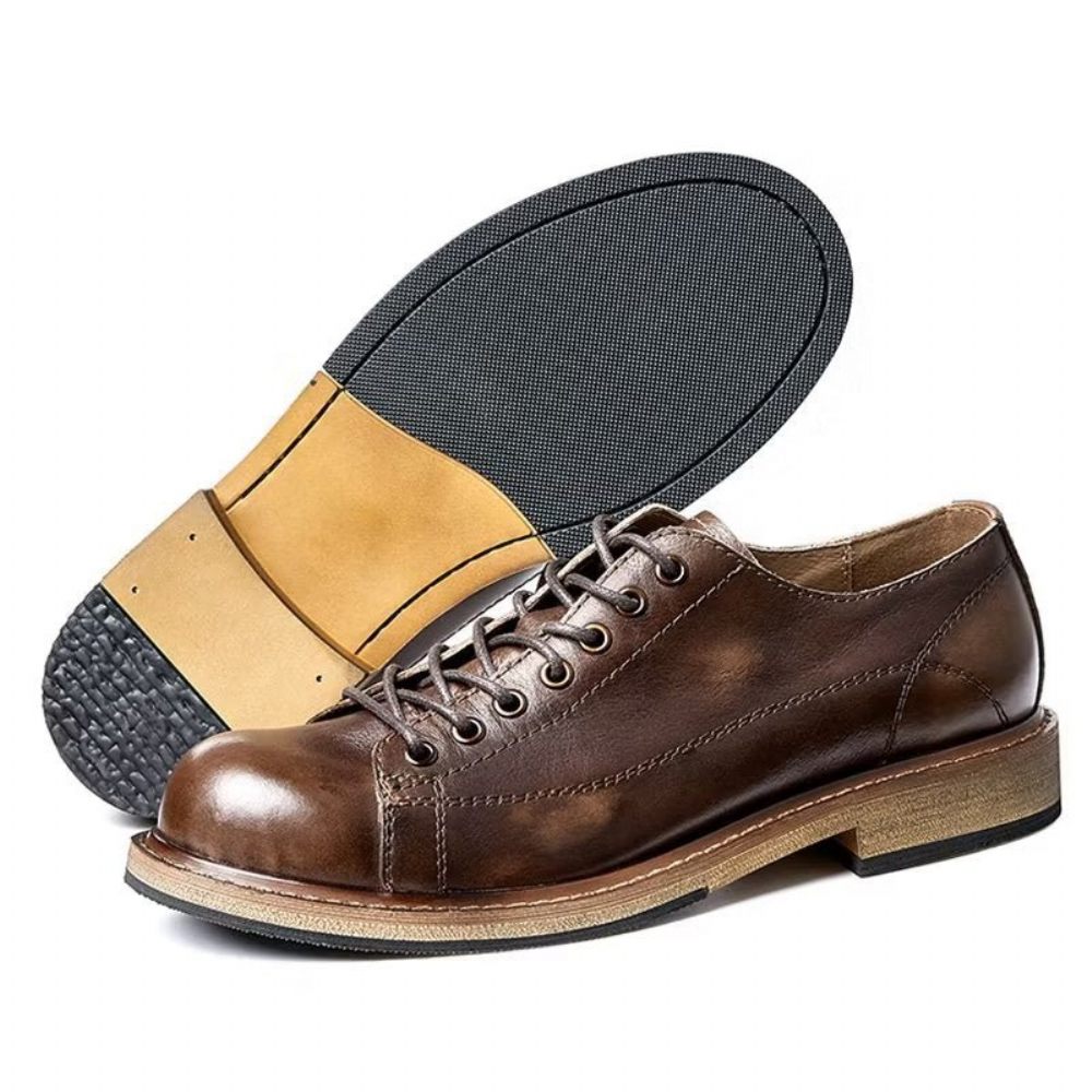 Chaussures Habillées À Lacets Cuir Bout Rond Pour Hommes - Café