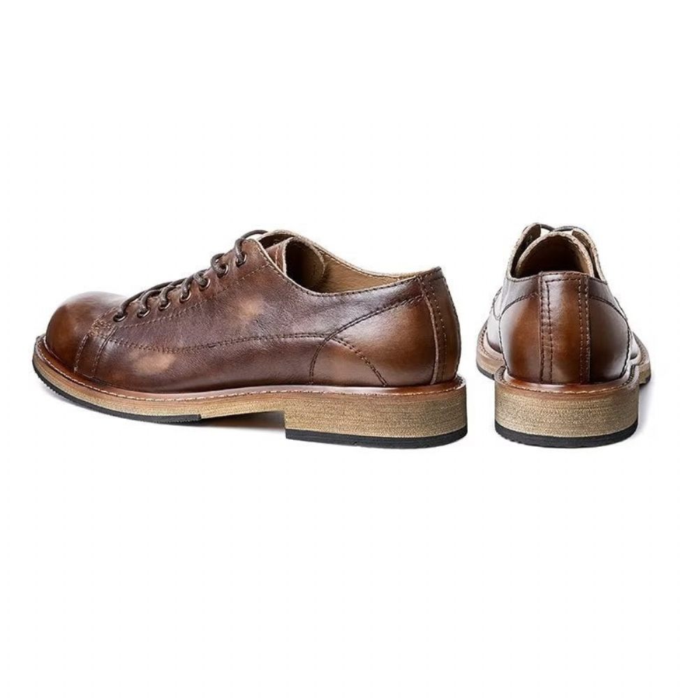 Chaussures Habillées À Lacets Cuir Bout Rond Pour Hommes - Café