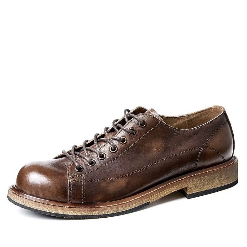 Chaussures Habillées À Lacets Cuir Bout Rond Pour Hommes - Café