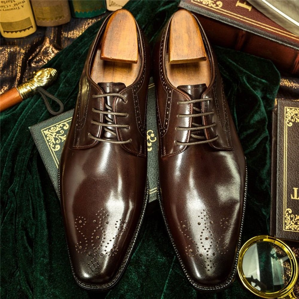 Chaussures Habillées À Lacets Cuir Exotique Pour Hommes - Café