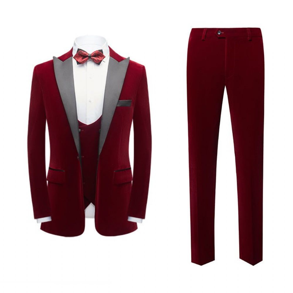 Costumes Pour Hommes Costume 3 Pièces Velours Côtelé Chic Et Skinny Avec Fermeture Éclair - Rouge