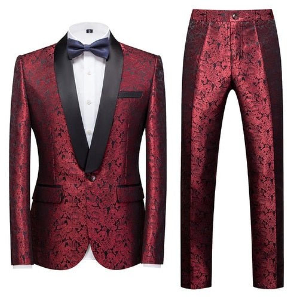 Costumes Pour Hommes Costume Pantalon À Simple Boutonnage Floral Chic - Rouge