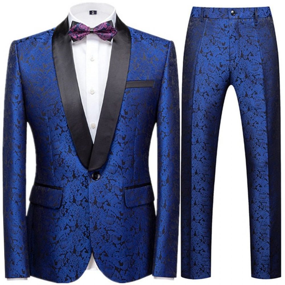 Costumes Pour Hommes Ensemble Costume Pantalon À Simple Boutonnage Floral Chic - Bleu