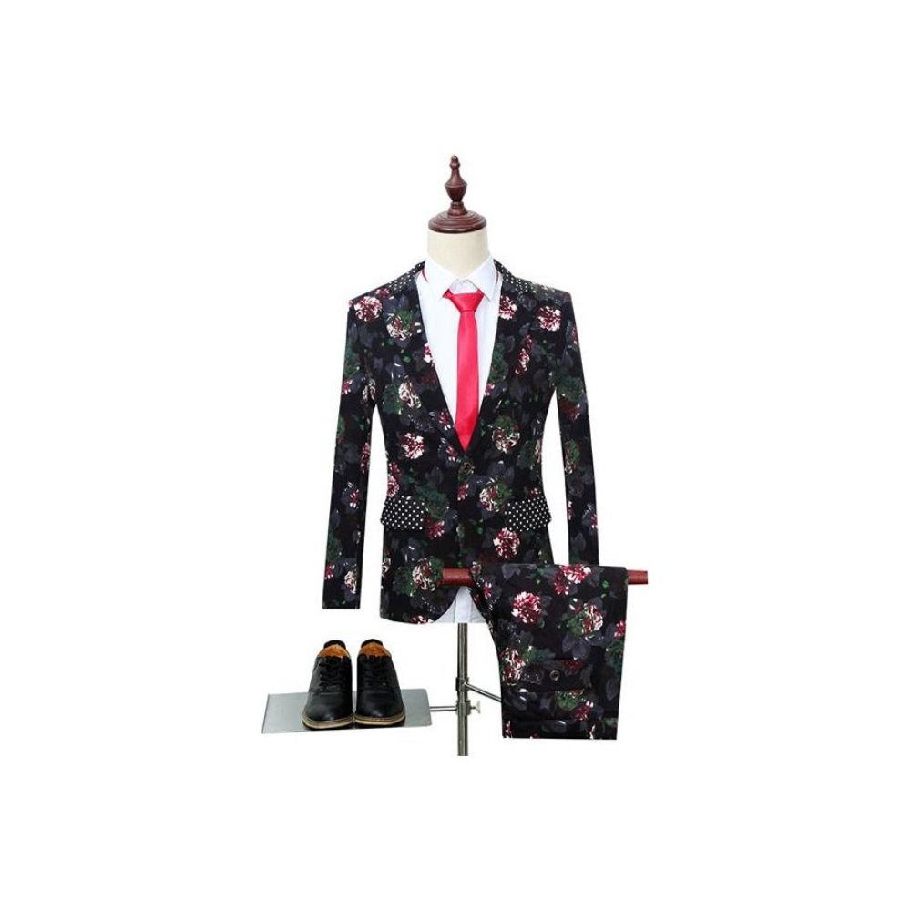 Costumes Pour Hommes Floral Chic Simple Boutonnage Veste Pantalon - Noir