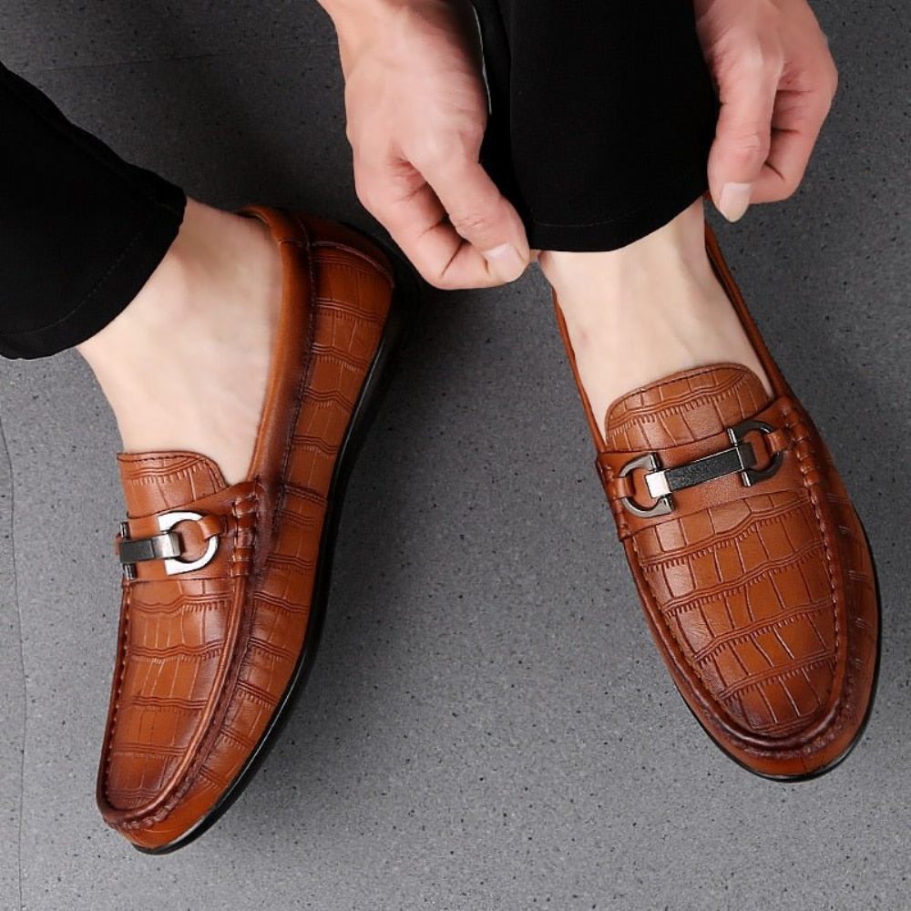 Mocassins Homme Conduite Respirants Cuir Crocodile Exotique Chic - Café