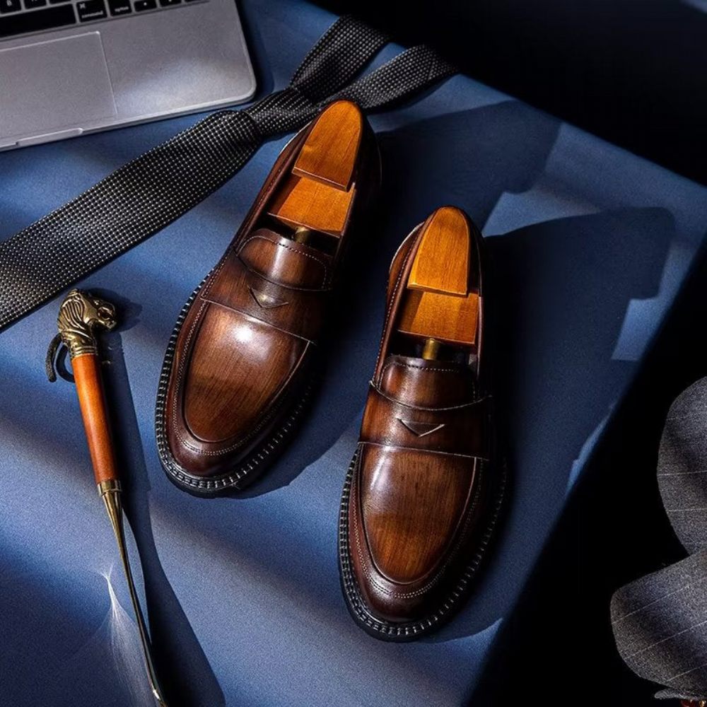 Mocassins Pour Hommes Chaussures À Enfiler Chics Cuir Luxe - Café