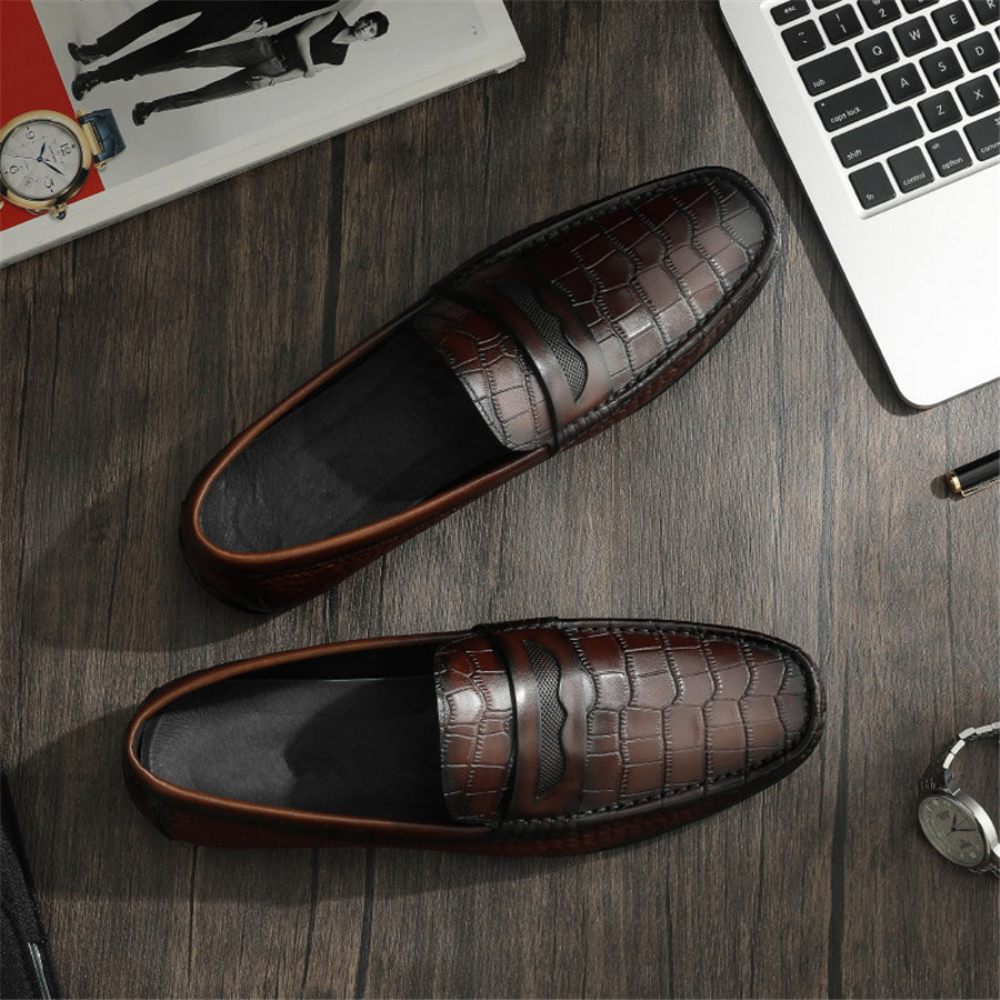 Mocassins Pour Hommes Chaussures Habillées À Enfiler Effet Croco - Café