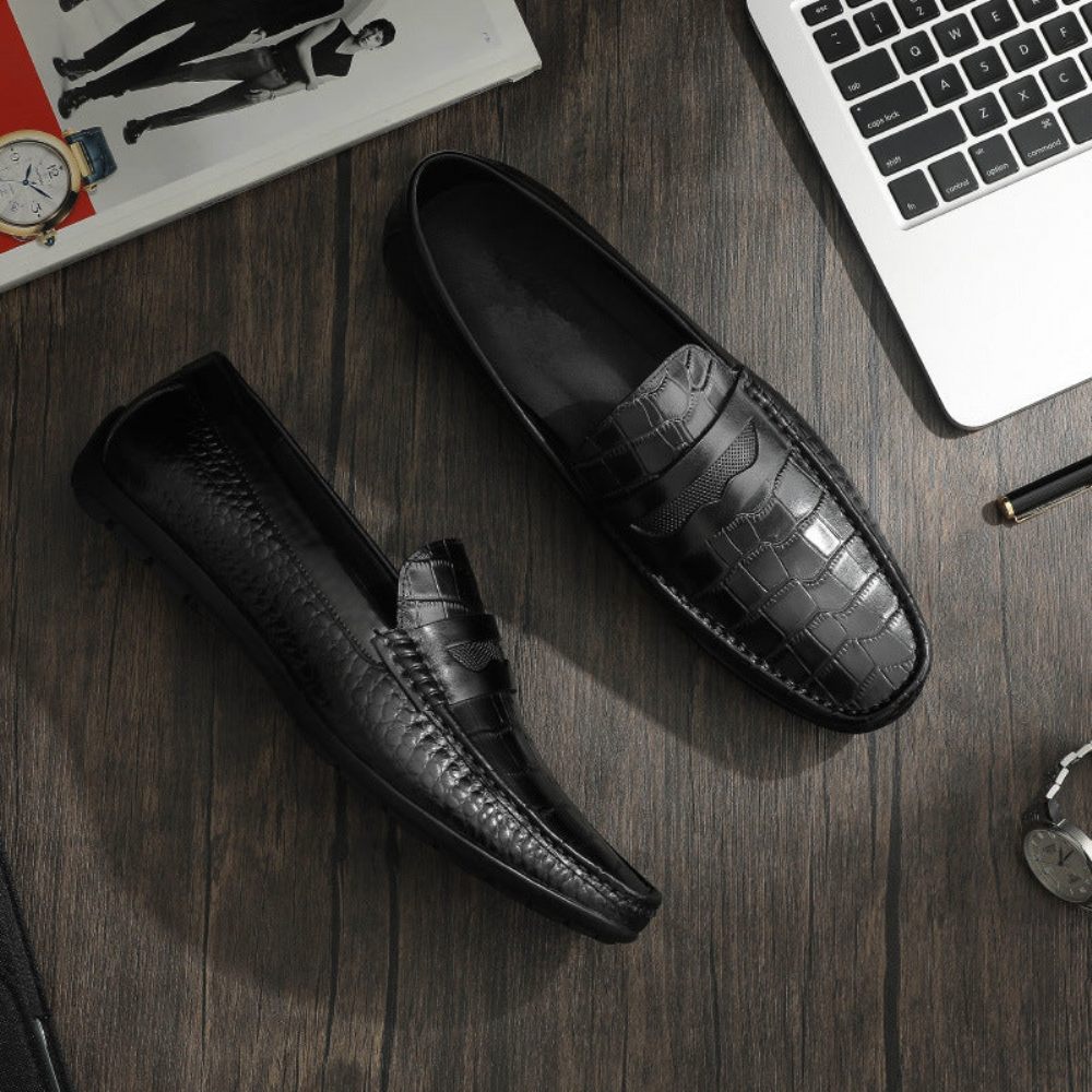 Mocassins Pour Hommes Chaussures Habillées À Enfiler Effet Croco - Noir