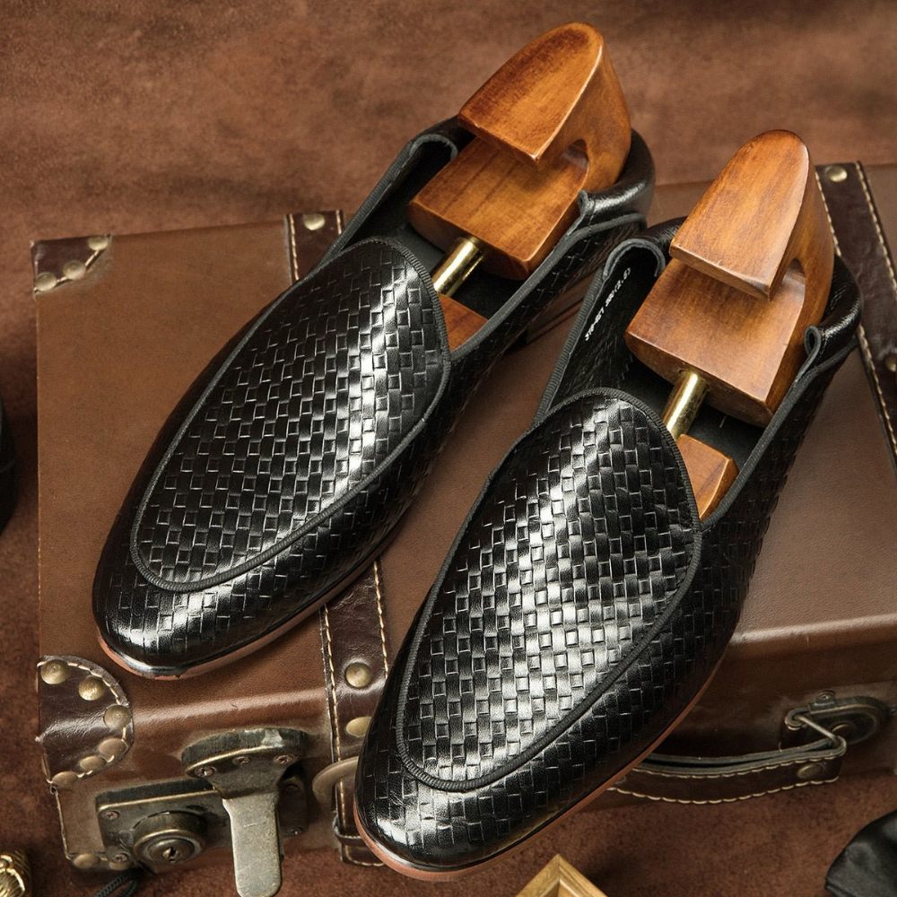 Mocassins Pour Hommes Class Cuir Gaufré Chaussures Richelieu Formelles À Enfiler - Noir