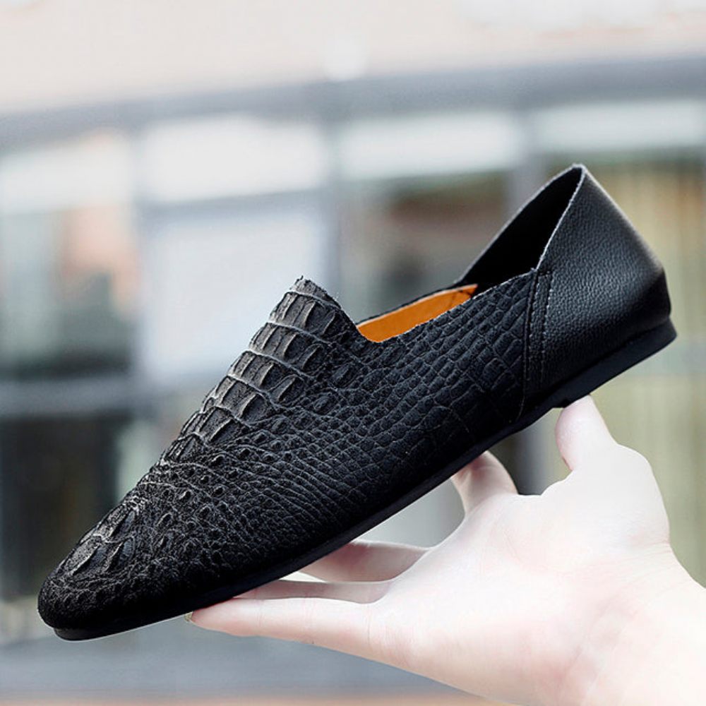 Mocassins Pour Hommes Conduite Confortables Cuir Crocodile Luxe - Noir