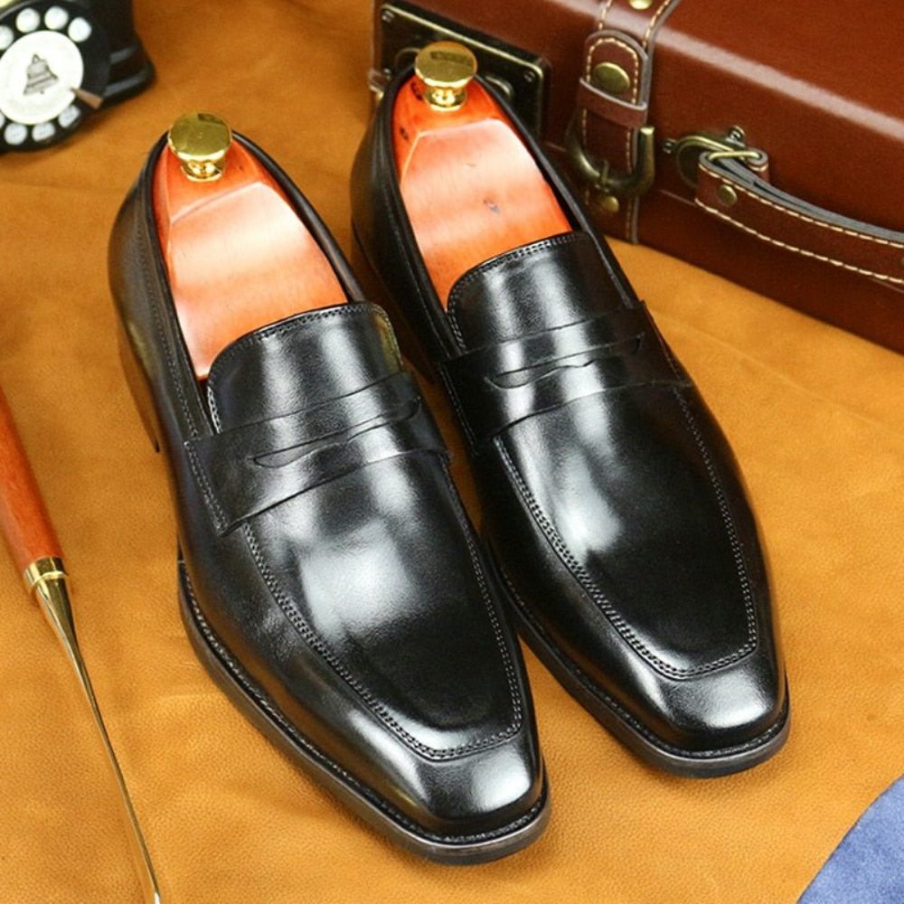 Mocassins Pour Hommes Cuir Exotique Chaussures Richelieu D'affaires À Bout Pointu - Noir