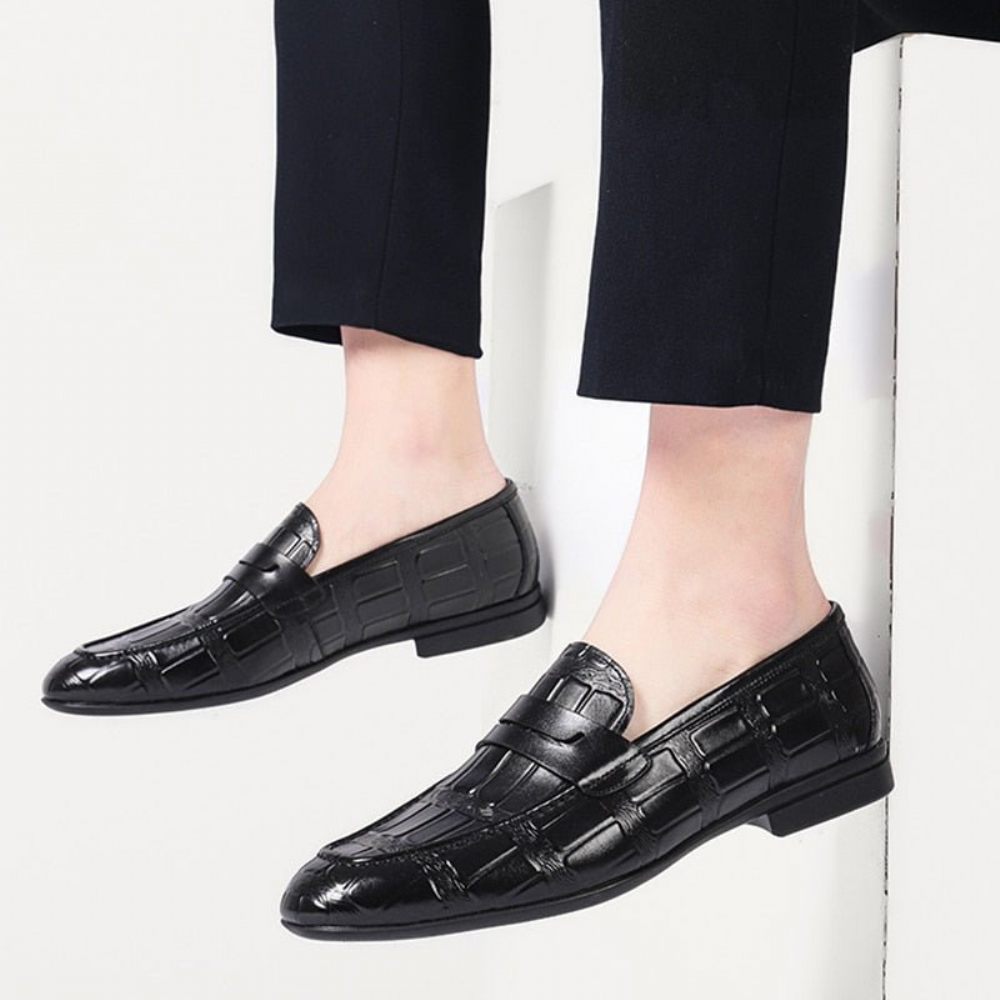 Mocassins Pour Hommes Cuir Véritable Gaufré À Enfiler Élégance - Noir