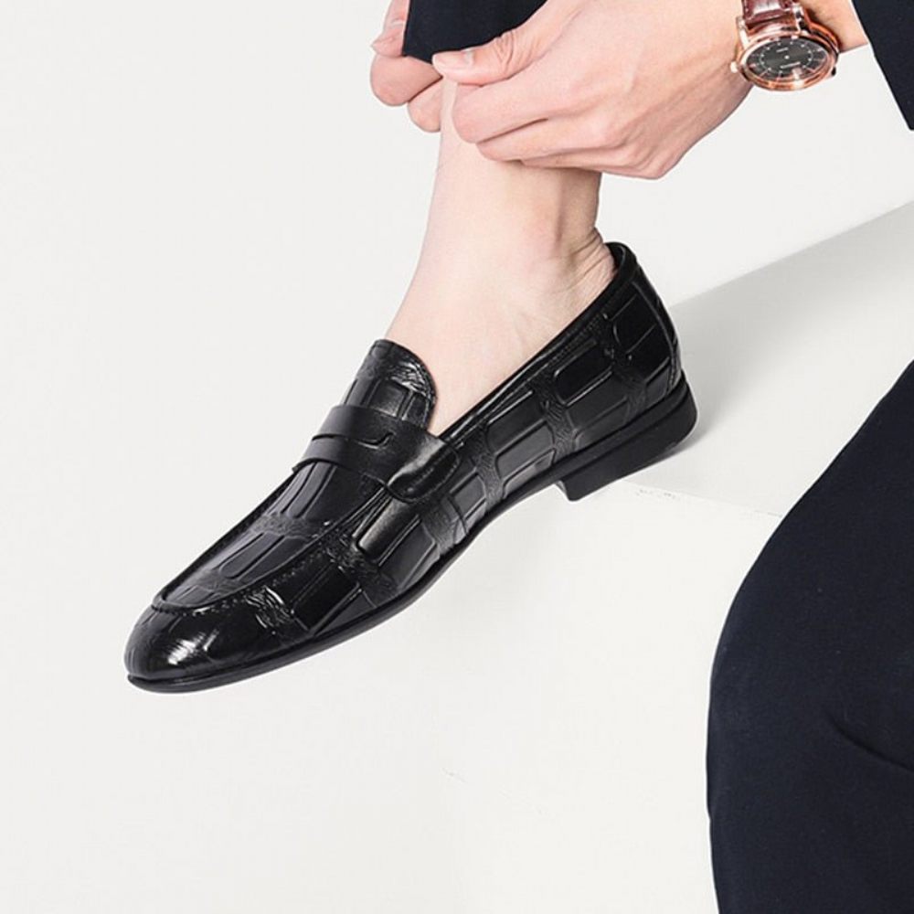 Mocassins Pour Hommes Cuir Véritable Gaufré À Enfiler Élégance - Noir