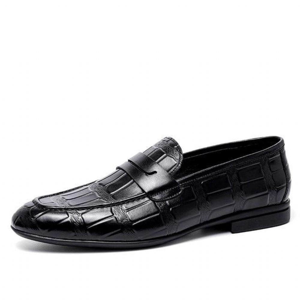 Mocassins Pour Hommes Cuir Véritable Gaufré À Enfiler Élégance - Noir