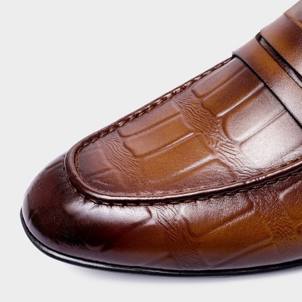 Mocassins Pour Hommes Cuir Véritable Gaufré À Enfiler Élégance - Café