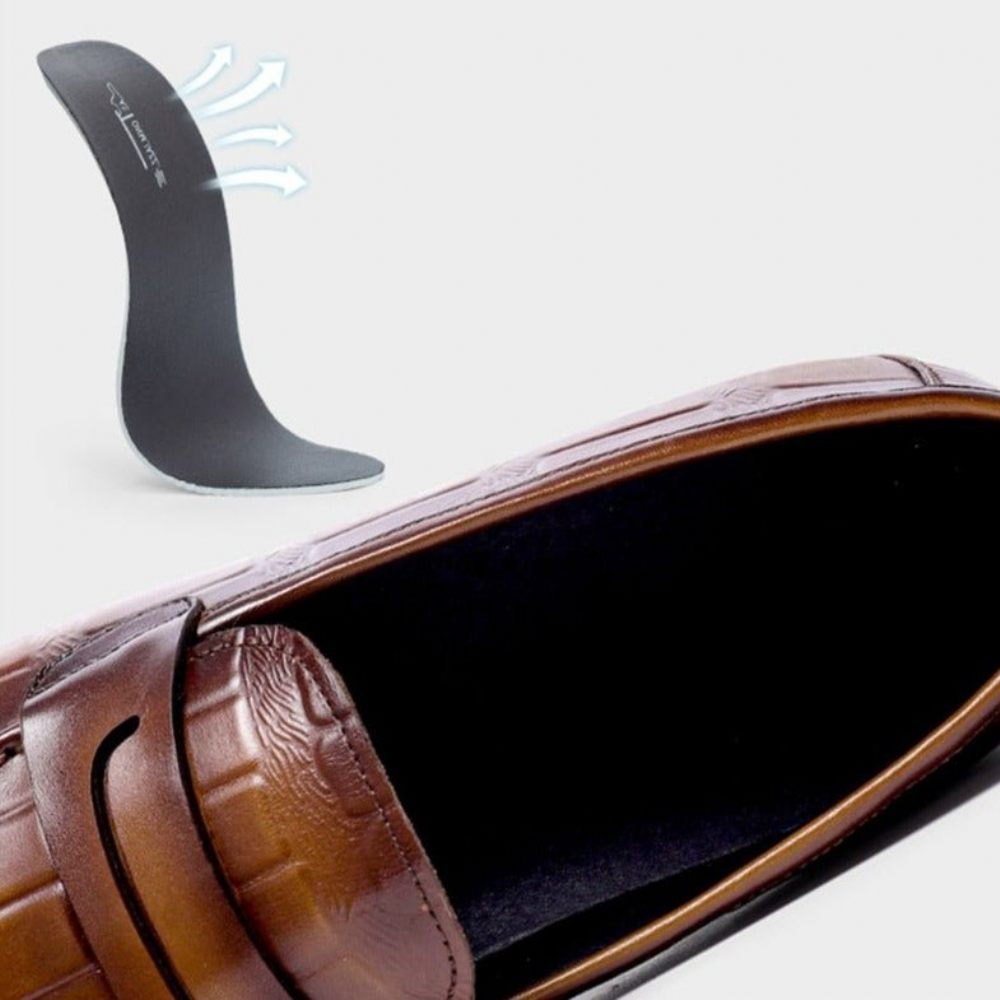 Mocassins Pour Hommes Cuir Véritable Gaufré À Enfiler Élégance - Café