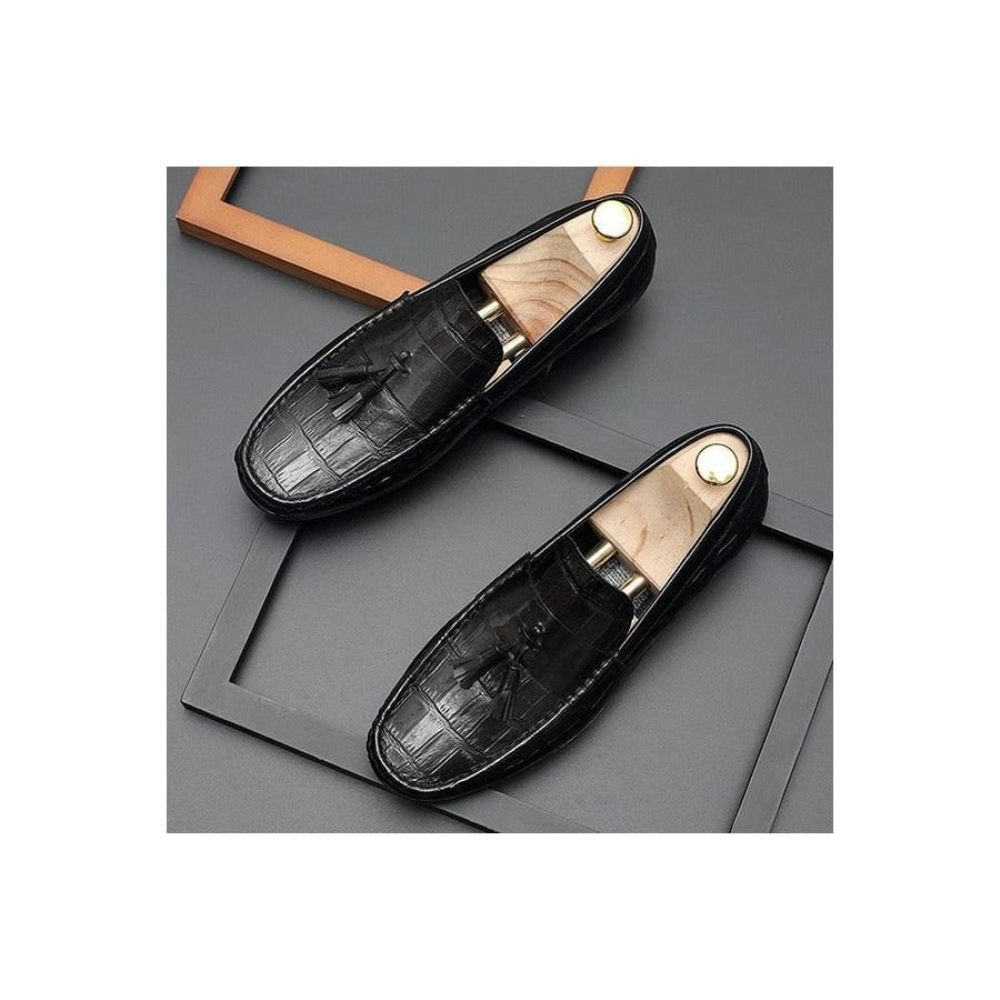 Mocassins Pour Hommes Derby Cuir Texture Alligator Élégante - Noir