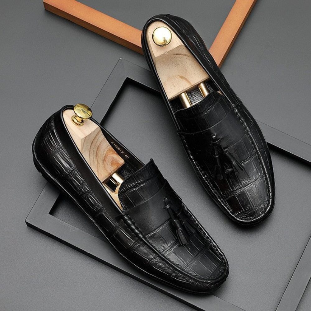 Mocassins Pour Hommes Derby Cuir Texture Alligator Élégante - Noir